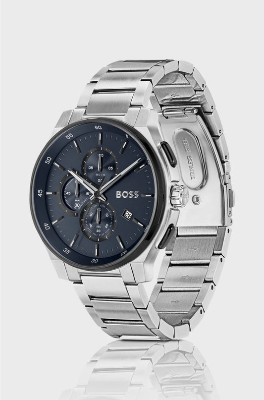 STAINLESS-STEEL CHRONOGRAPH WATCH WITH MATTE-BLUE DIAL