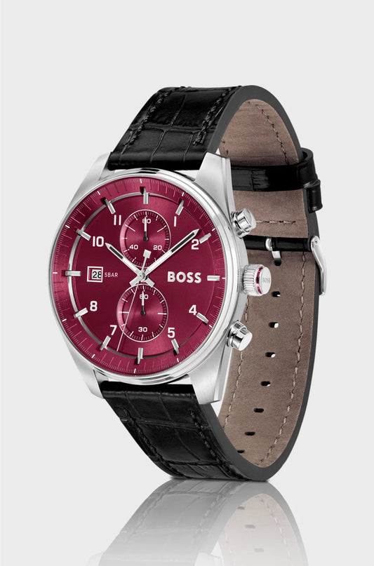 SILVER-TONE CHRONOGRAPH WATCH WITH ALLIGATOR-EMBOSSED LEATHER STRAP